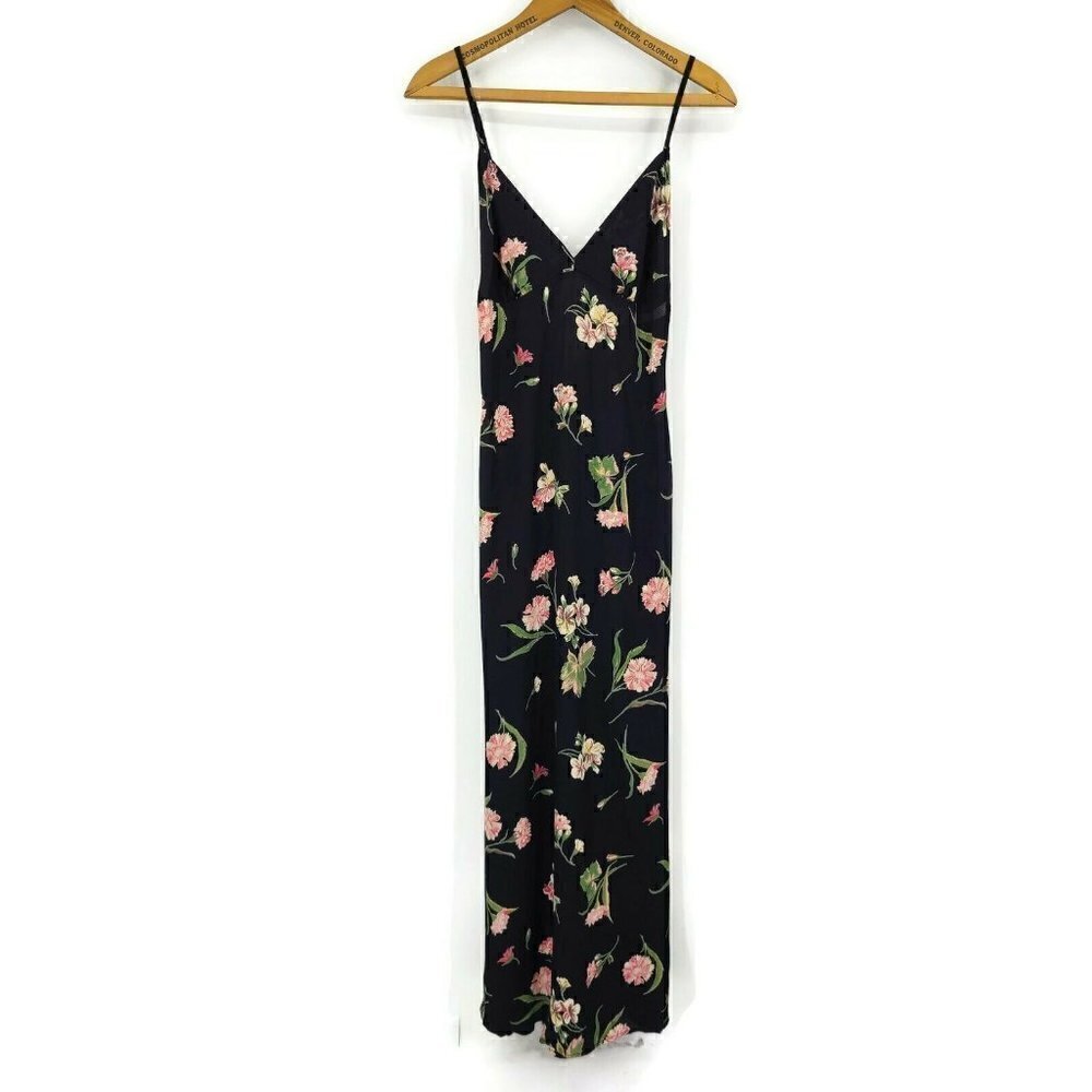 New Flynn Skye Maxi Slip Dress Womens XS Black Pink Floral Rayon